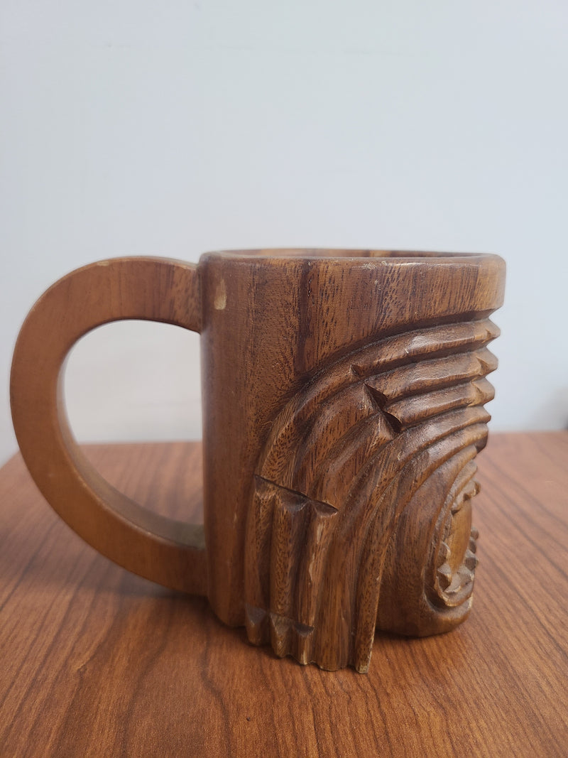 Vintage Hand-Carved Wooden Tiki Pair Mug Set