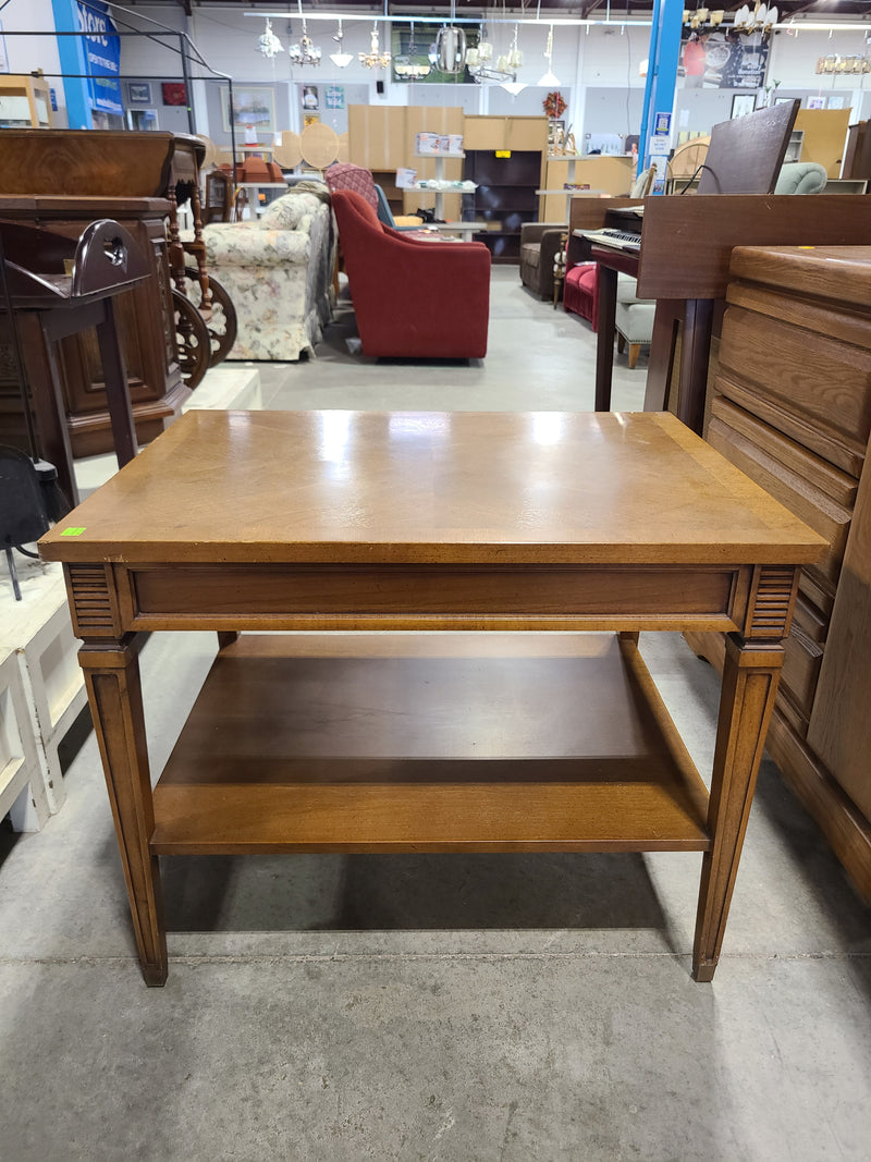 Vintage Broyhill Parquet Top Wood End Table with Drawer & Storage Shelf