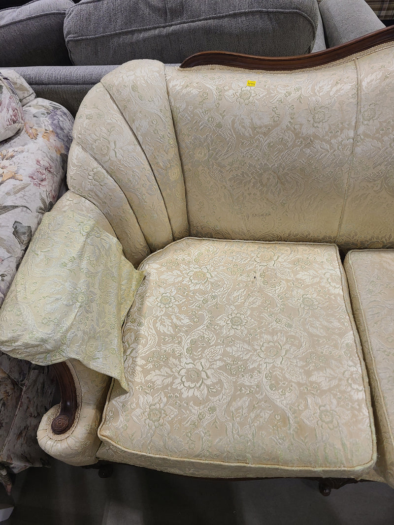 French Provincial Brocade Sofa with Carved Wood Frame