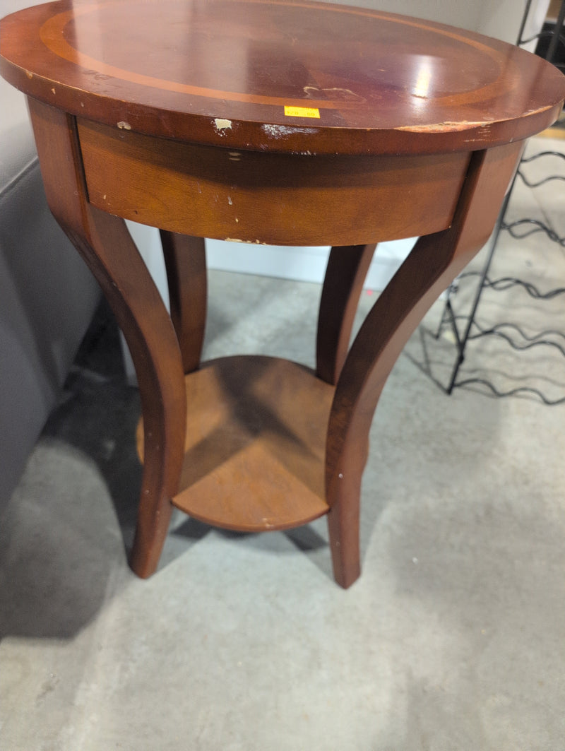 Small Round Reddish-Brown Side Table with Lower Shelf