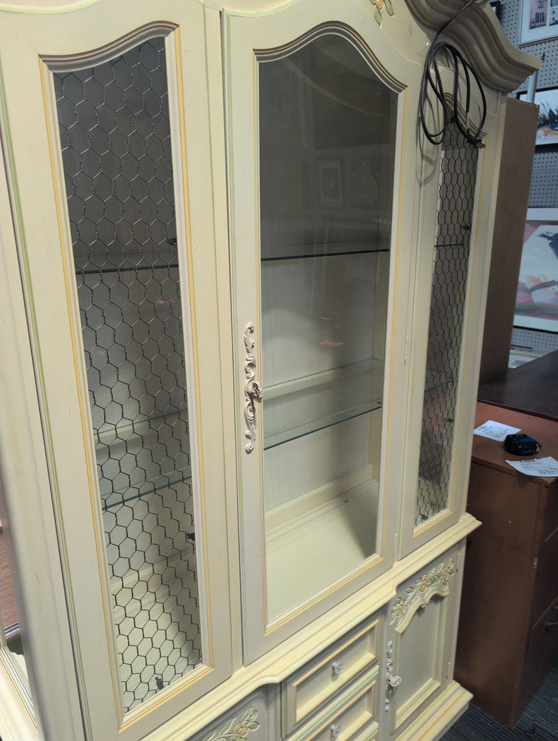 Vintage Wooden Yellow Hutch Buffet with Floral Designs, Windows, and Internal Light