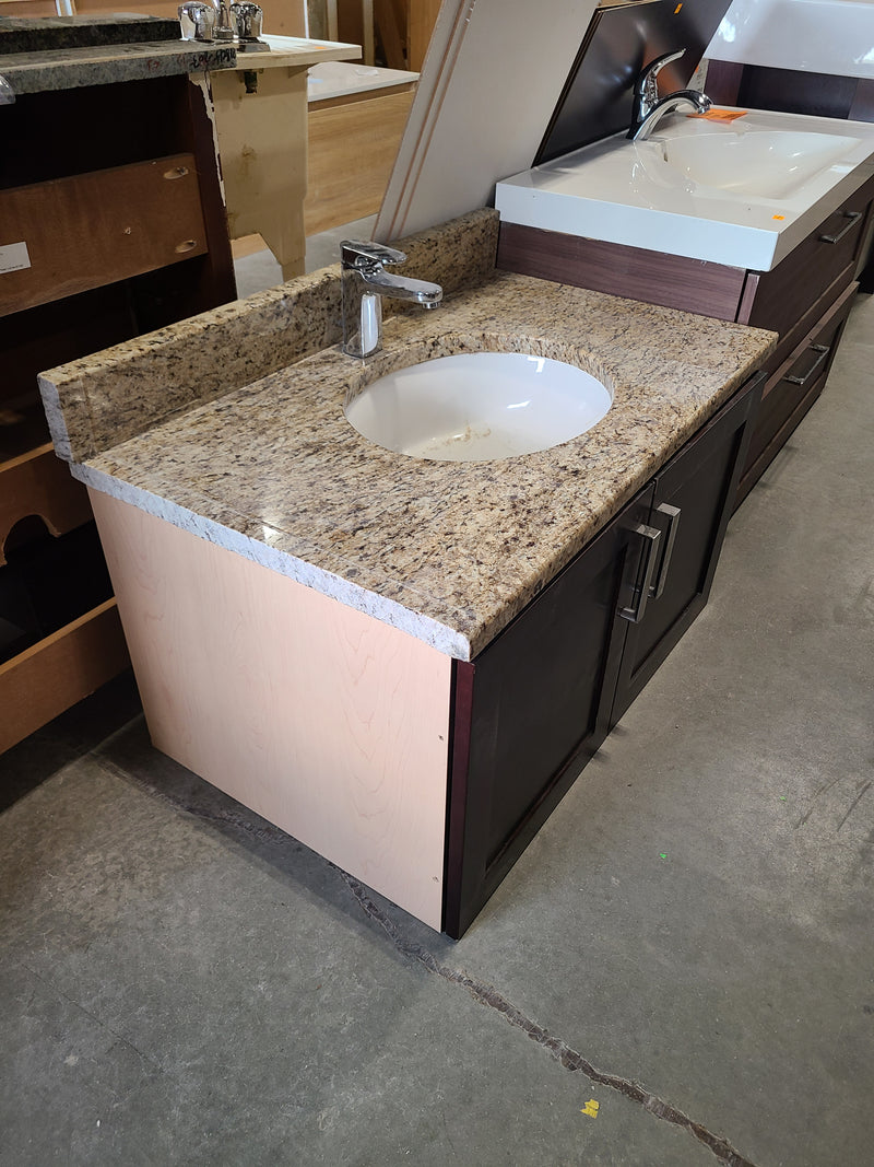 Granite Vanity Top with Sink, Faucet, and Espresso Cabinet Base