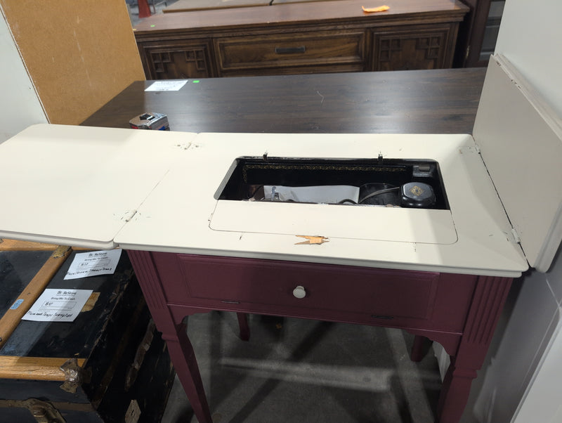 Plum and Taupe Sewing Desk with Sewing Machine and Matching Stool