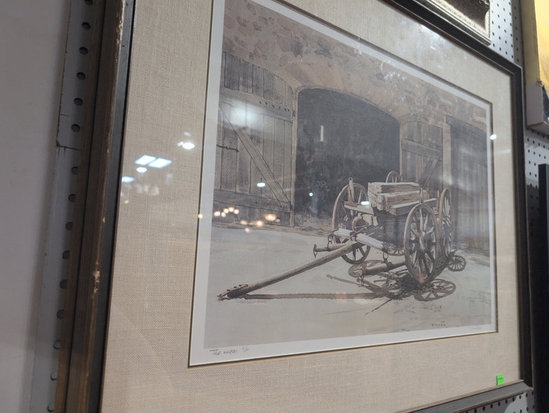 Painting of a Wooden Wagon Carrying Wood at a Stone Building with Wooden Doors