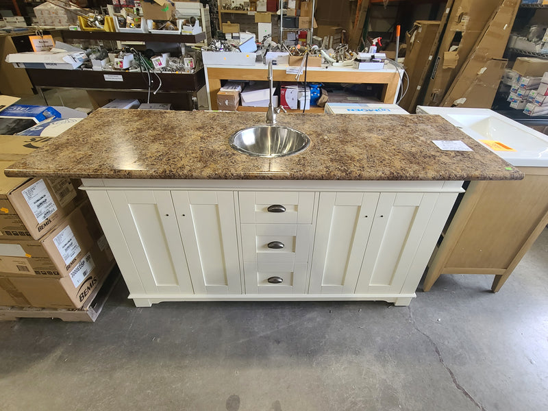 Off-White Bathroom Vanity Cabinet with Laminate Countertop, Round Stainless Steel Sink & Faucet