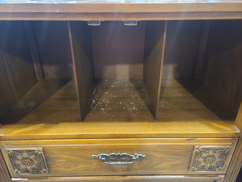 Vintage Floral-Carved Wood Armoire Chest of Drawers – Medium Oak Finish