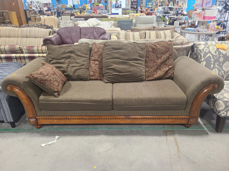 Great Condition Traditional Rolled Arm Sofa with Wood Trim