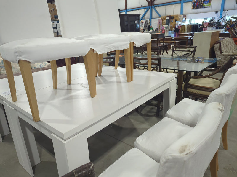 White Rectangular Dining Table with 6 White Chairs