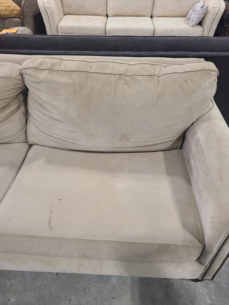 Traditional Beige Fabric Rolled-Arm Sofa with Nailhead Trim