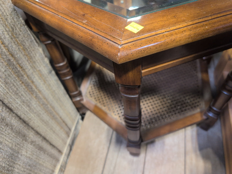 Small Hexagonal Glass Top Side Table with Cane/Rattan Shelf