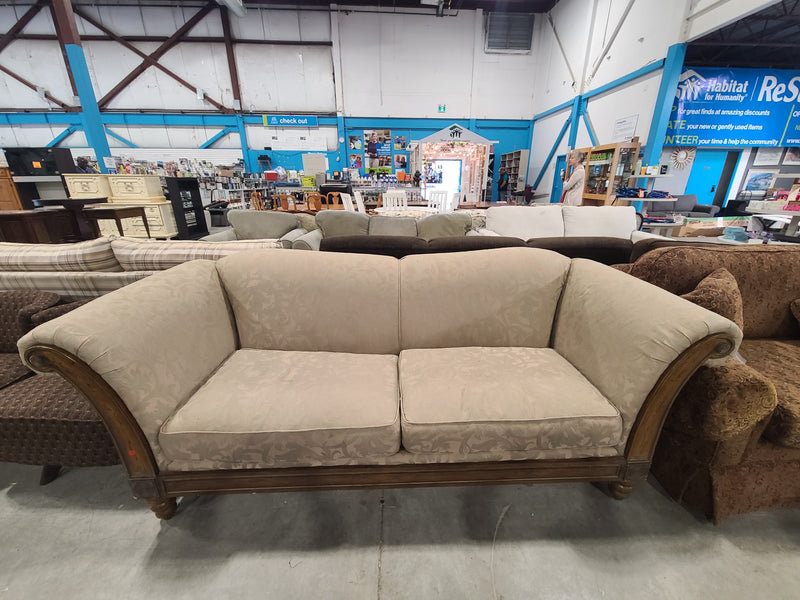 Elegant Traditional Beige Damask Sofa with Carved Wood Trim