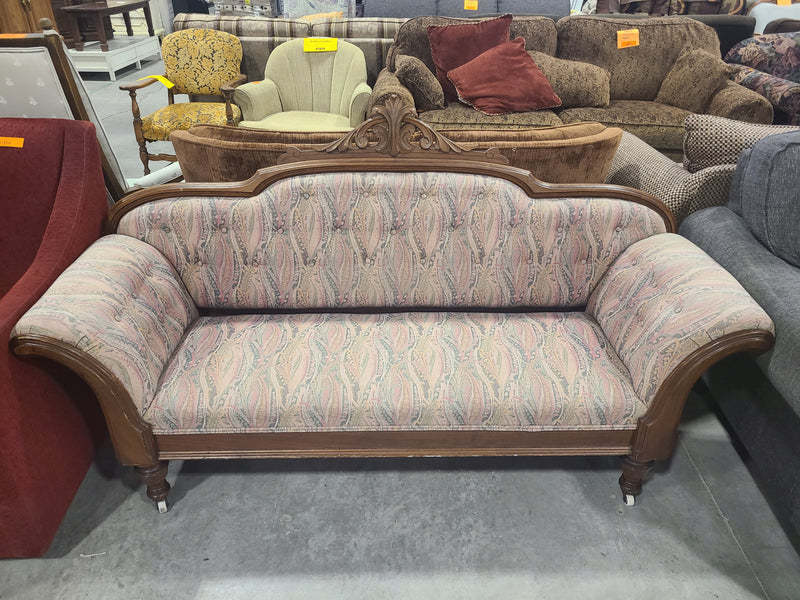Antique Style Carved Wood Settee / Sofa with Paisley Upholstery