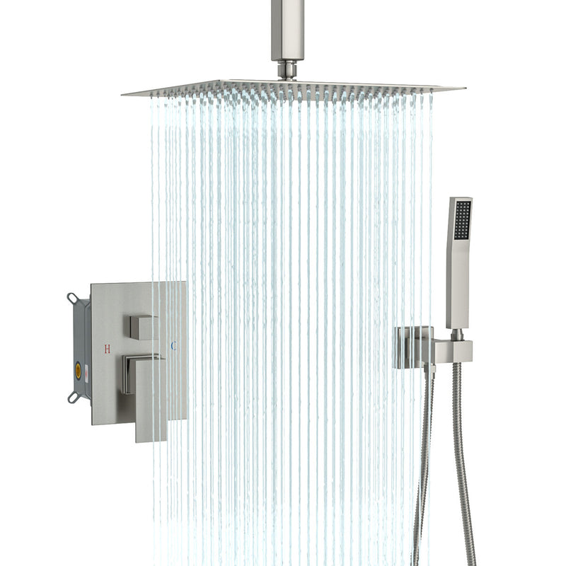 Luxury Ceiling-Mount Rain Shower System Combo Set in Brushed Nickel
