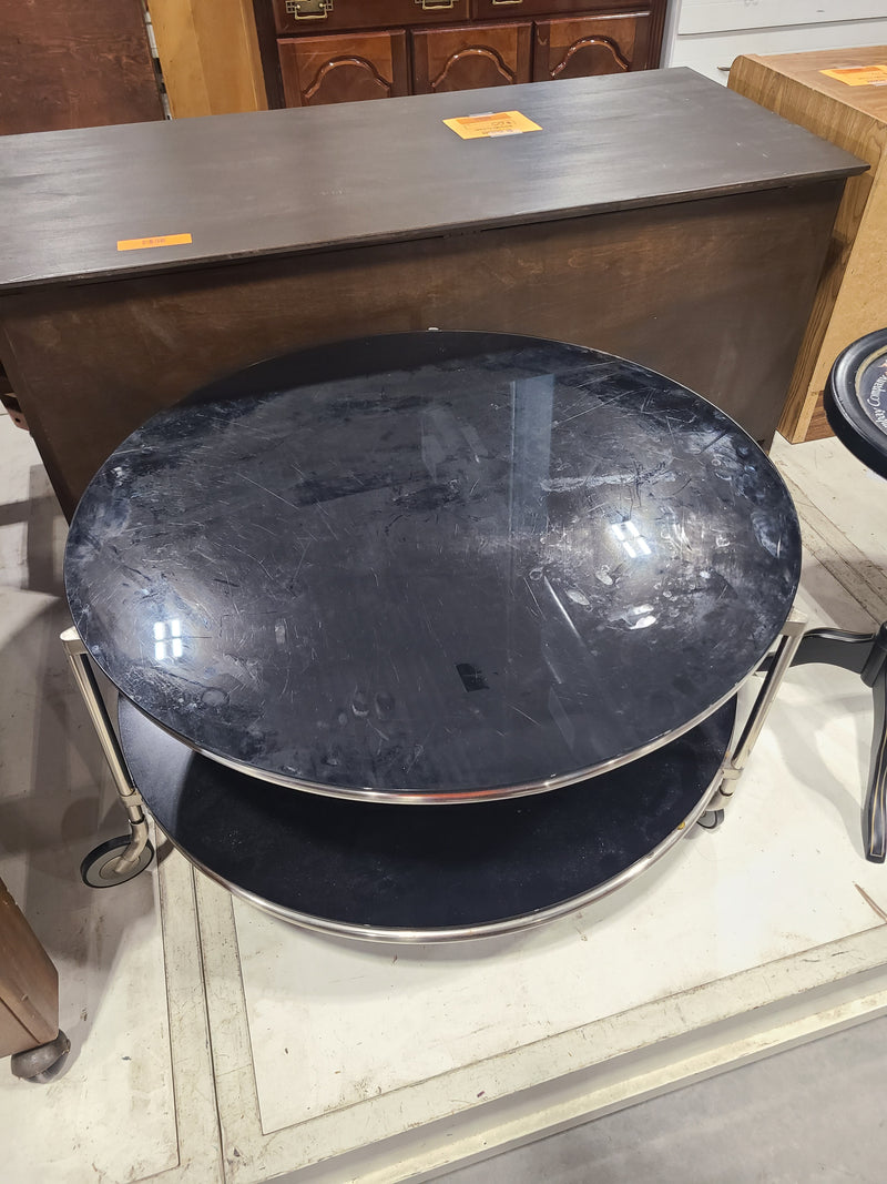 Modern Round Black Glass & Chrome Coffee Table on Casters