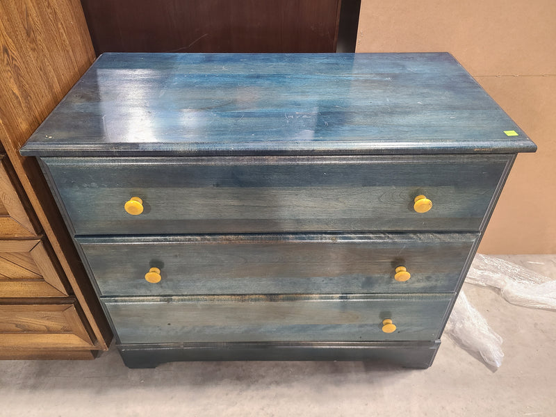 Blue Stained Wooden 3-Drawer Dresser with Yellow Knobs