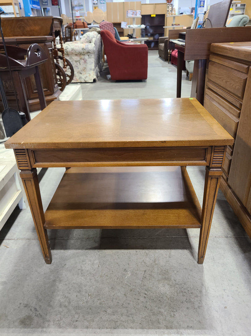 Vintage Broyhill Parquet Top Wood End Table with Drawer & Storage Shelf