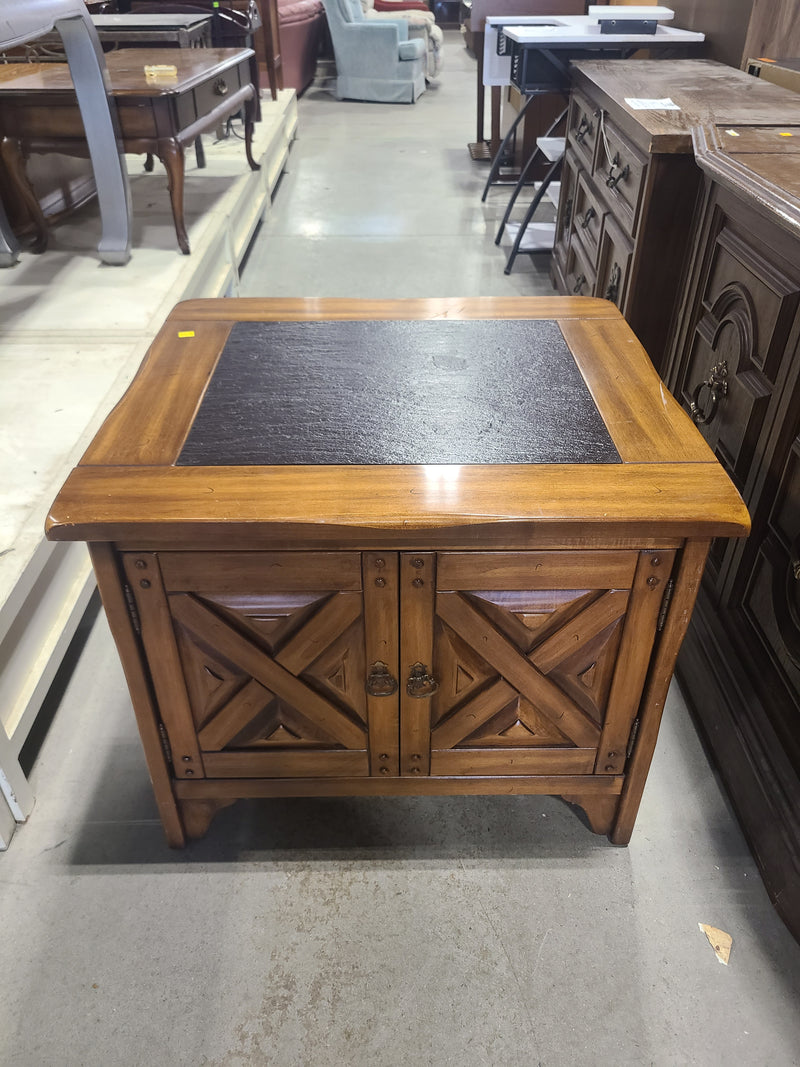 Rustic Wooden End Table Cabinet with Slate Top Inlay