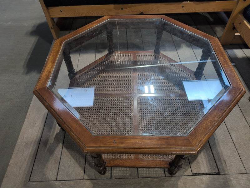 Large Octagonal Glass Top Coffee Table with Cane/Rattan Shelf