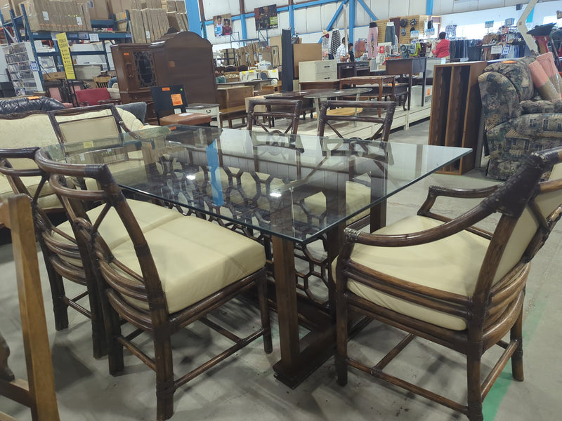 McGuire Bamboo + Raw Hide Chairs with Geometric Base Glass Table