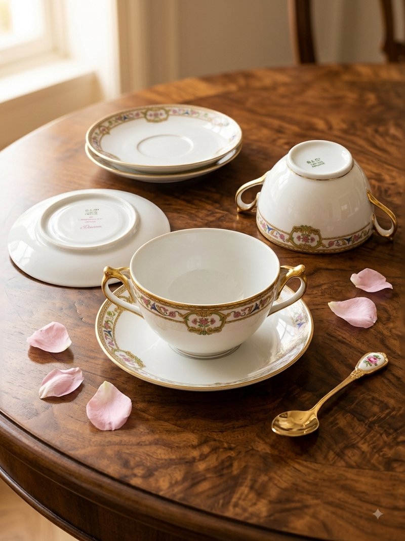 Vintage Bernardaud Limoges Fine China Cream Soup Specialty Set – "Doreen" Pattern (18 Pieces)