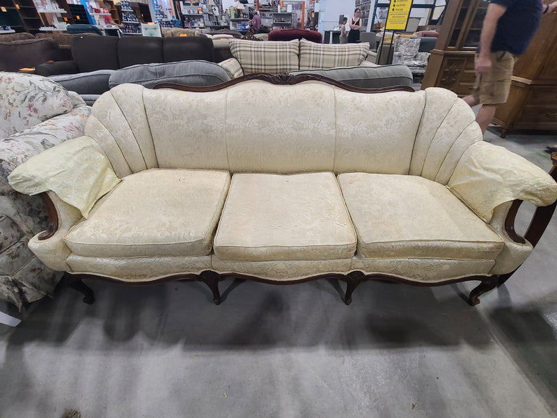 French Provincial Brocade Sofa with Carved Wood Frame