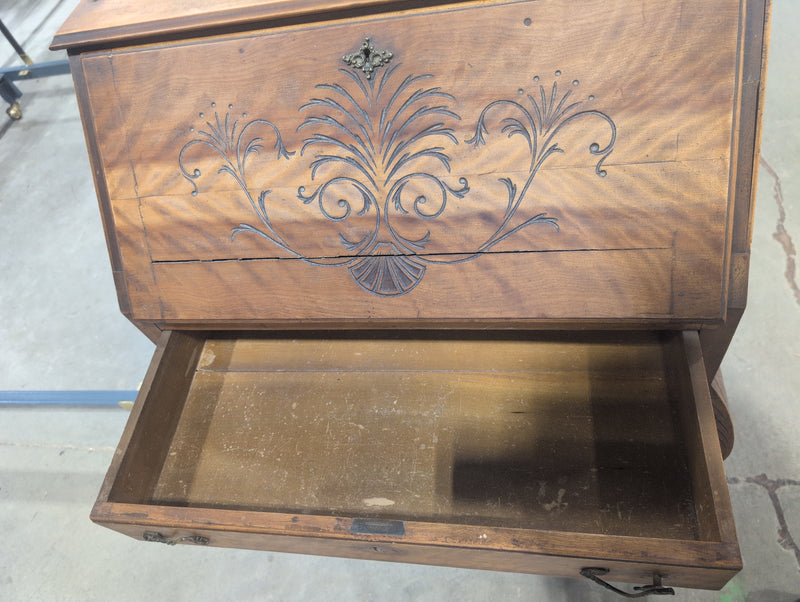 Vintage Carved Secretaries Desk with Lock and Key