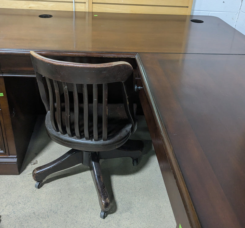 L-Shaped Executive Desk and Chair with Dark Wood Finish