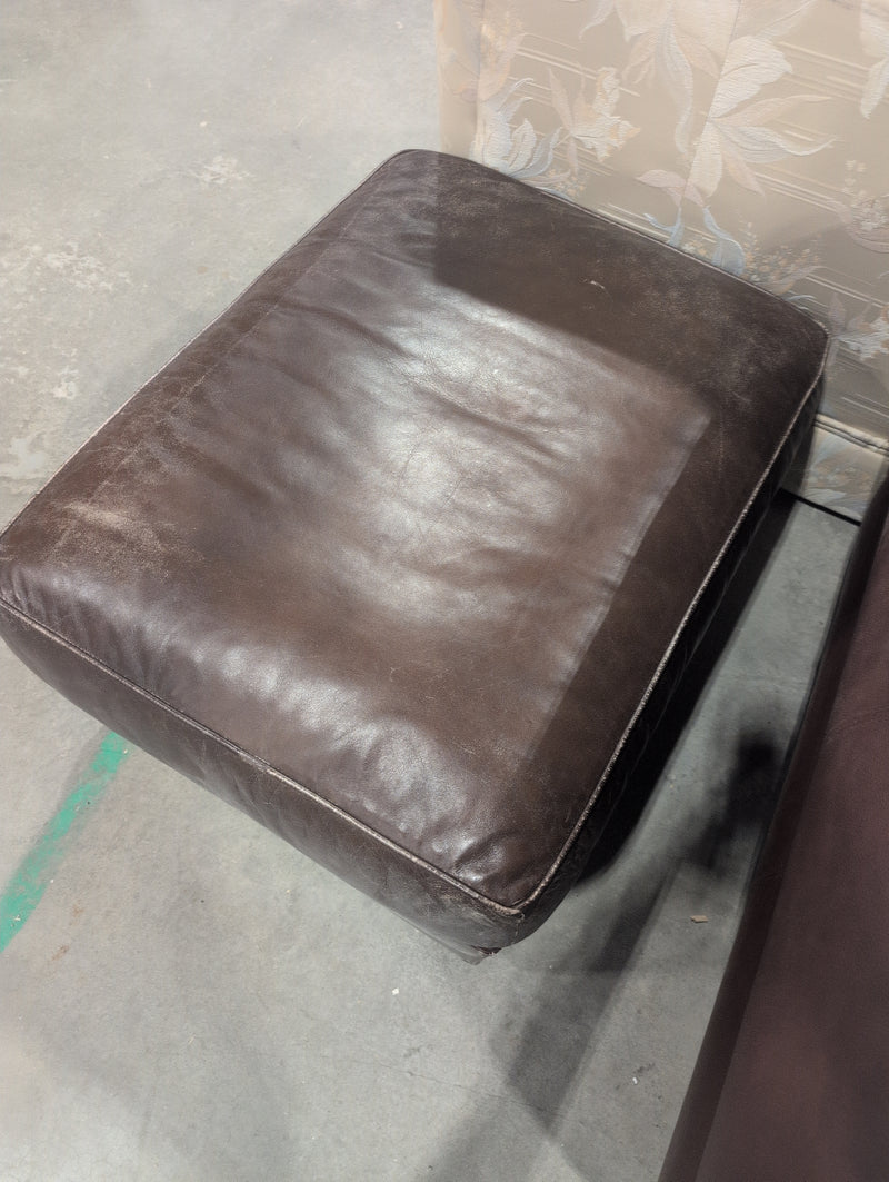 Brown Leather Ottoman with Wooden Feet
