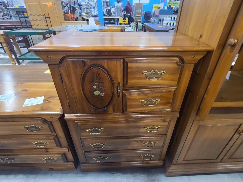 Vintage Floral-Inlaid Wood Armoire Chest of Drawers – Warm Honey Finish
