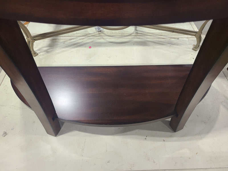 Dark Cherry Wood Half-Moon Console Table with Lower Storage Shelf