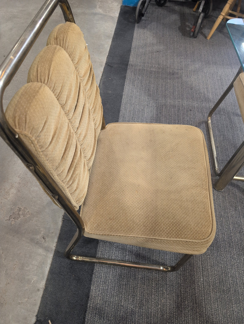MCM Glass Top Table with Brass Base with Champagne Cushioned Chairs