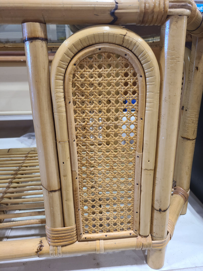 Vintage Bamboo & Rattan Glass-Top Coffee Table with Cane Webbing