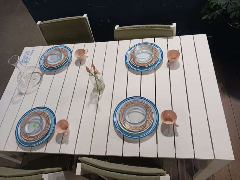 White Patio Table & 4 White Chairs with Green Cushions