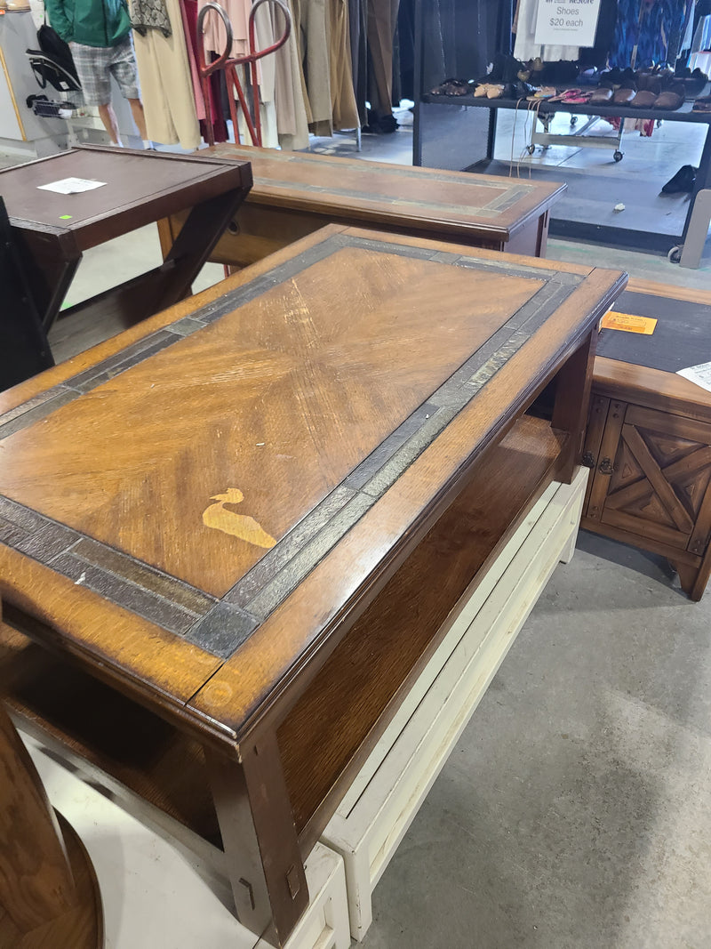 Rustic Oak Coffee Table with Slate Tile Inlay & Lower Storage Shelf