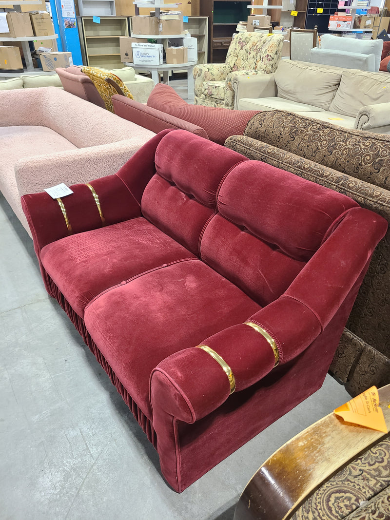 Amazing Condition Vintage Red Velvet 2-Seater Loveseat with Metallic Gold Arm Accents