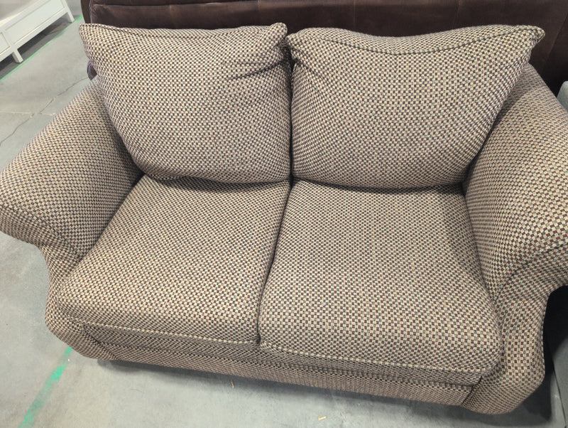 Beige, Red, and Green Rectangular Patterned Loveseat