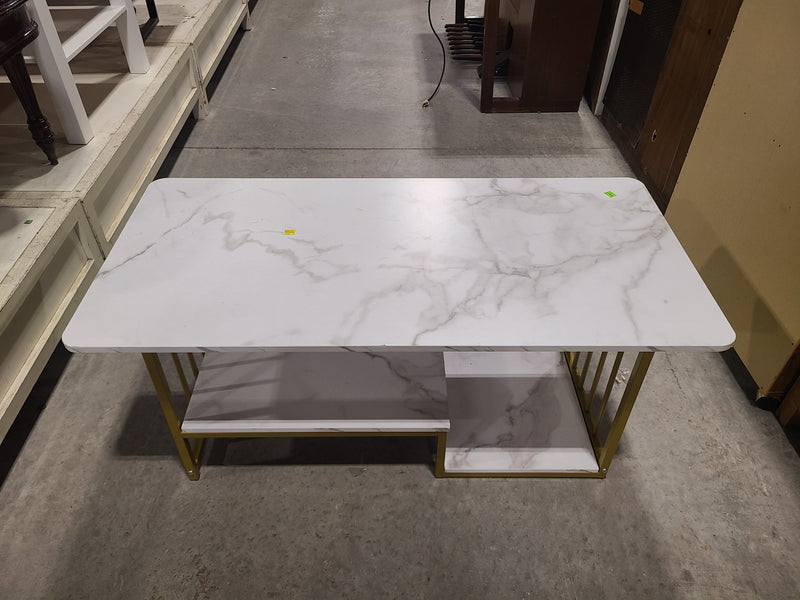 Modern Faux White Marble & Gold Metal Frame Coffee Table with Two-Tier Storage