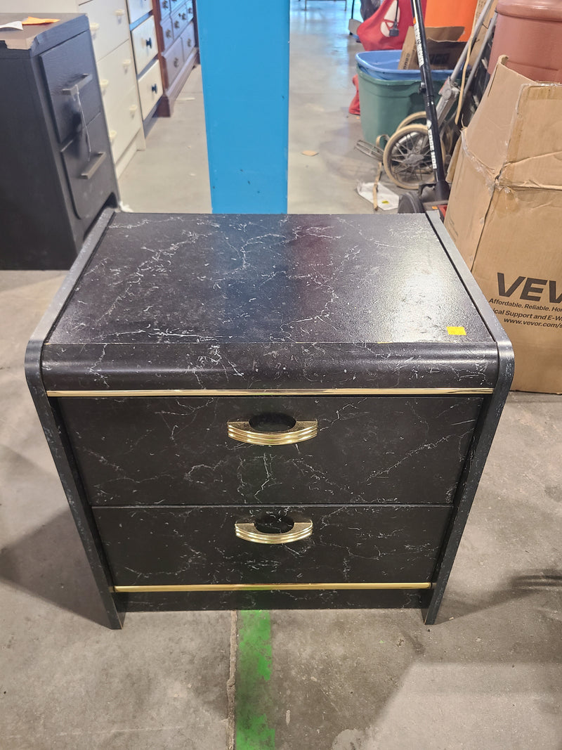 Vintage 90s Contemporary Black Marble-Look 2-Drawer Nightstand