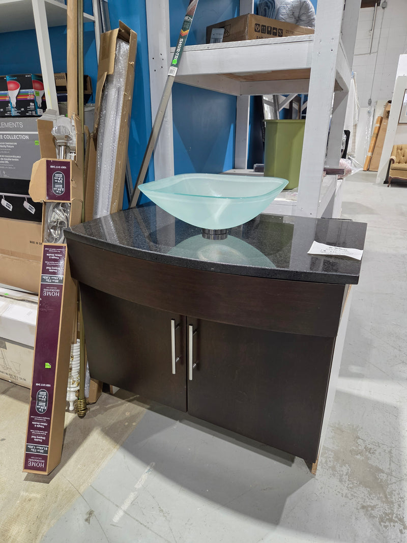 Contemporary Espresso Bathroom Vanity w/ Black Granite Counter & Glass Bowl Sink