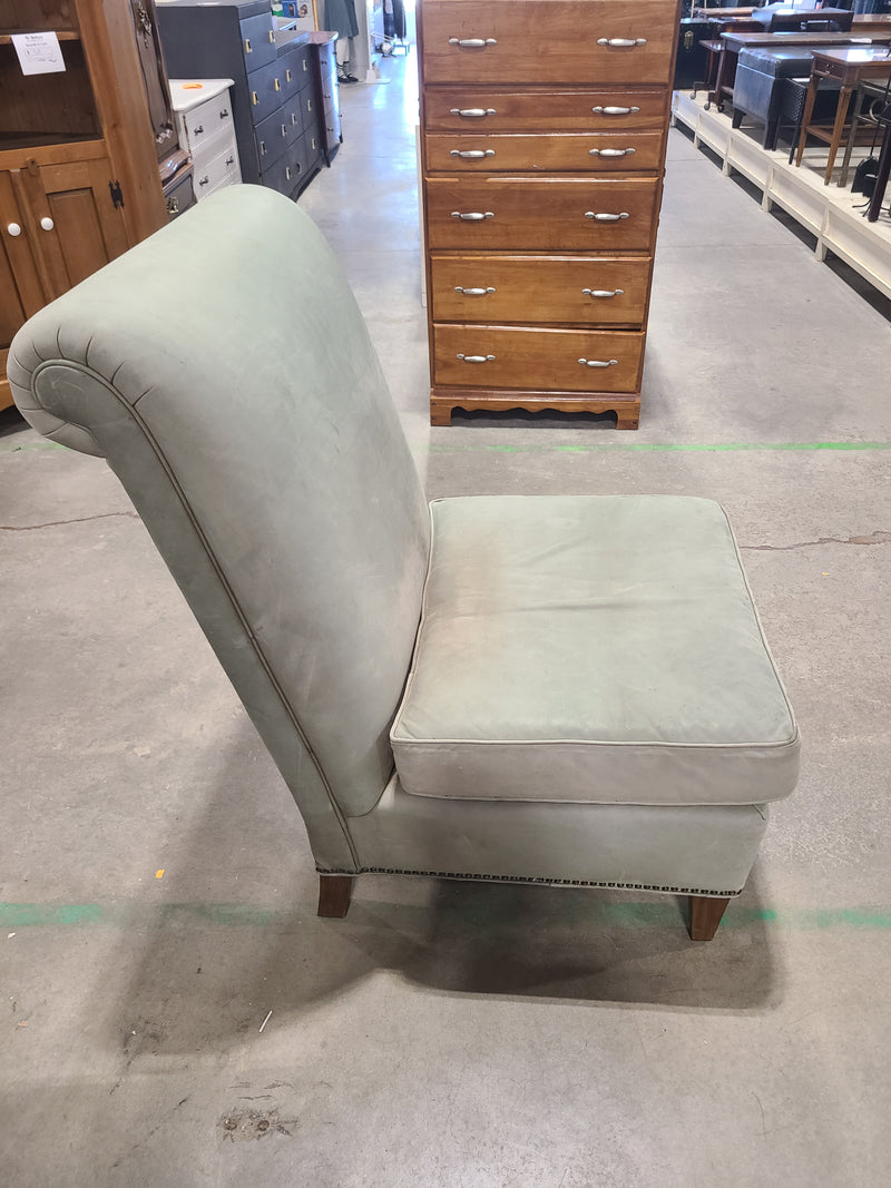 Vintage Slipper Accent Chair – Light Sage Velvet with Nailhead Trim