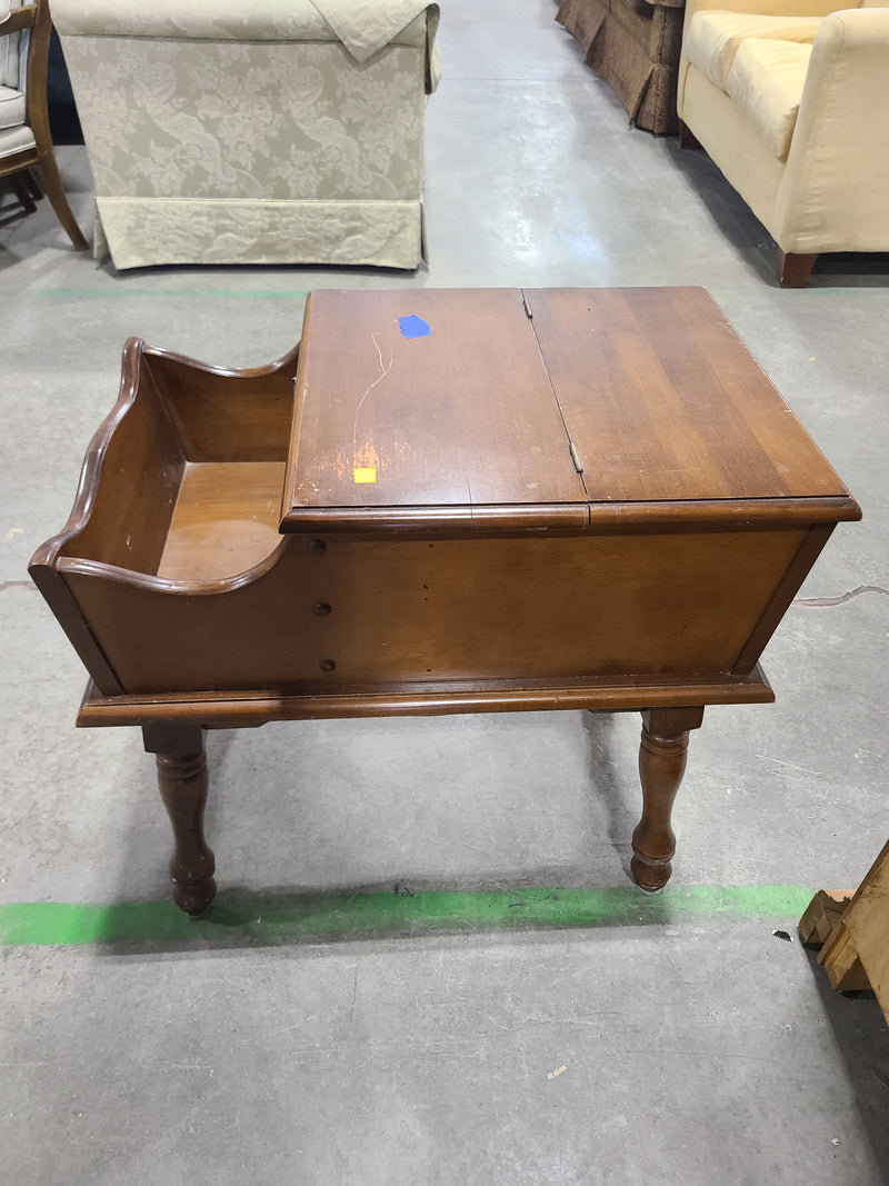 Vintage Mid-Century Step Table with Flip-Top Storage & Built-In Magazine Cradle