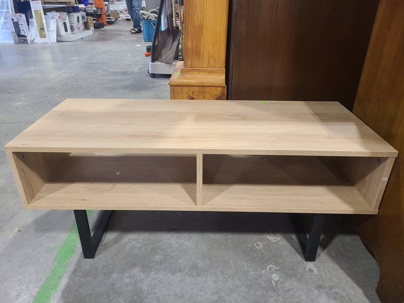 Modern Light Oak Media Console & Low Coffee Table with Metal Legs