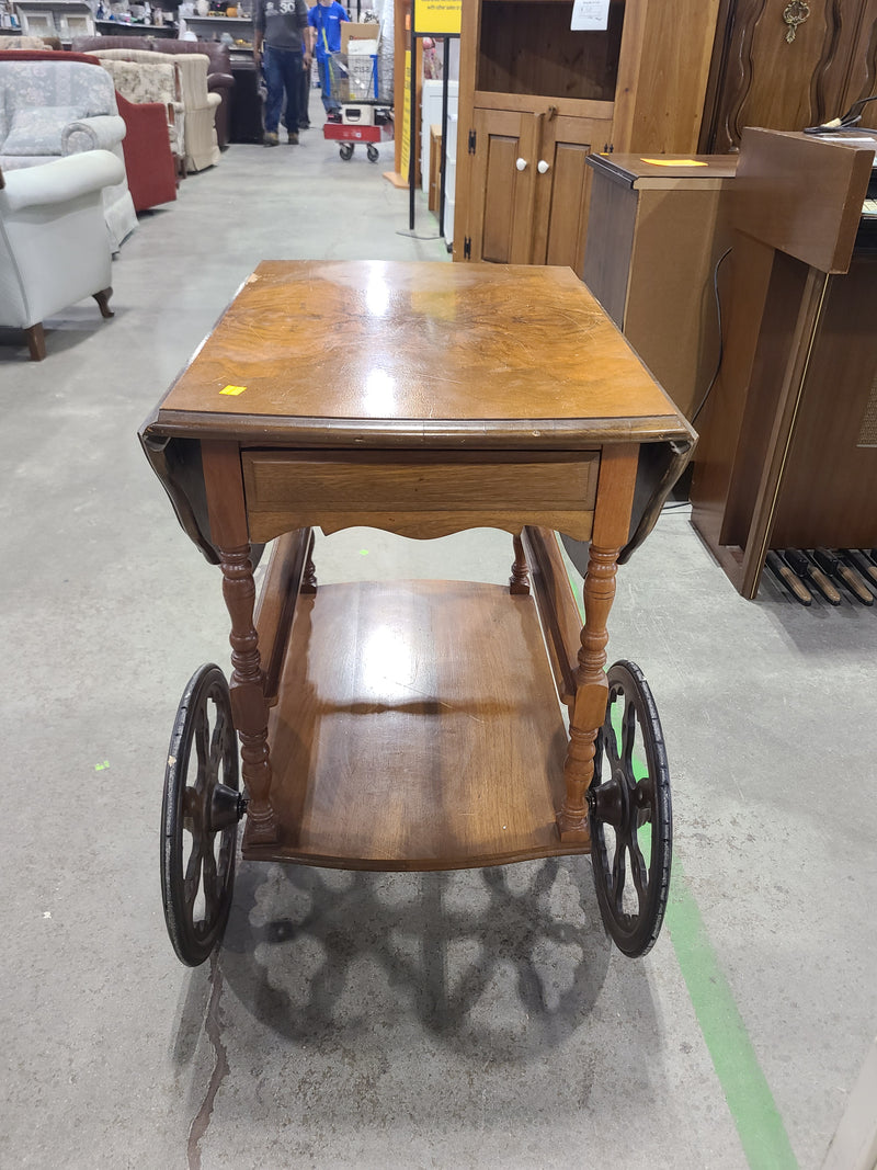 Vintage Drop-Leaf Wood Tea & Bar Cart with Spoke Wheels