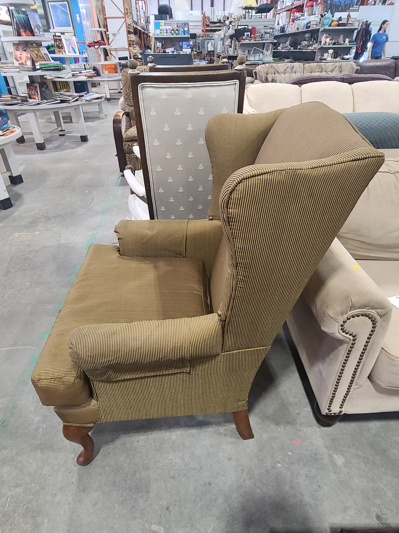 Classic Striped Wingback Armchair with Matching Footstool in Olive/Gold Tones
