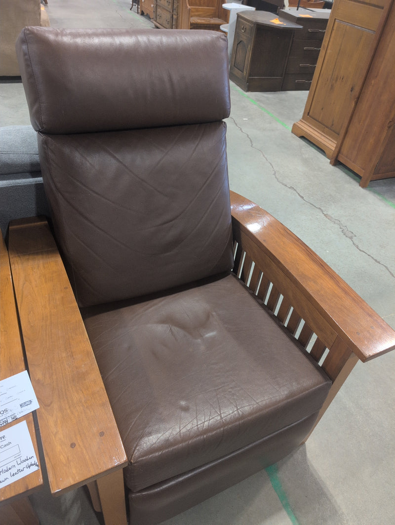 Custom Built Modern Wooden Recliner with Brown Leather Upholstery