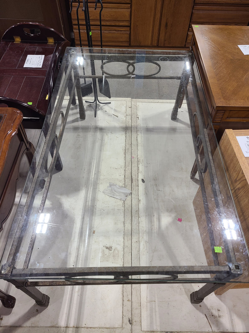 Metal Frame Coffee Table with Glass Top & Interlocking Ring Accent