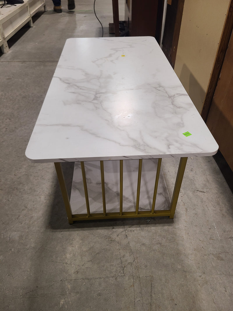 Modern Faux White Marble & Gold Metal Frame Coffee Table with Two-Tier Storage