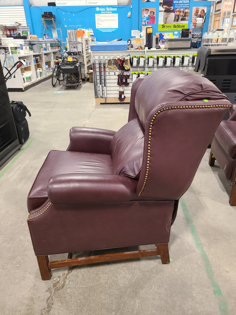 Burgundy Leather Wingback Armchair with Nailhead Trim