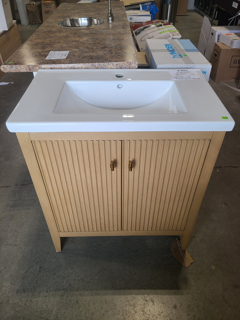 30" Fluted Light Oak Bathroom Vanity with Integrated Ceramic Sink Top