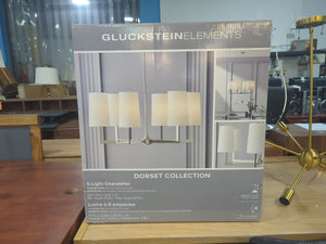 GlucksteinElements Dorset 6-Light Nickel Morden Candle-Style Cylinder Fabric Chandelier Off-White Linen Shade